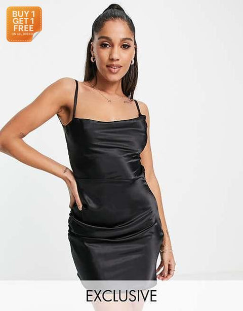 ASYOU Women's Black Satin Mini Dress ANF2797