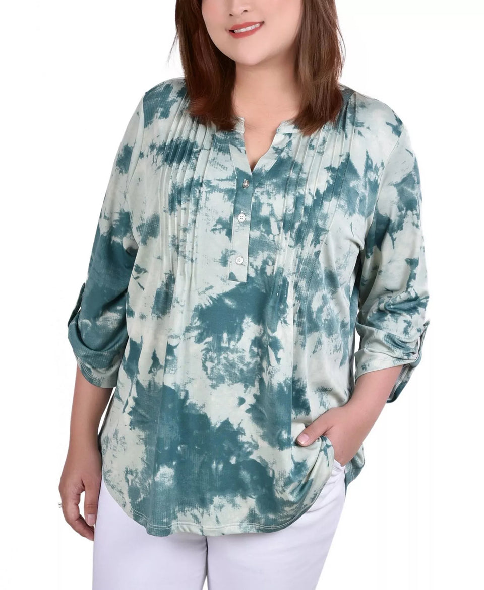 NY Collection Women's GreenPetites Pintuck Matte Jersey HenleyBlouse| NY Collection in Lebanon