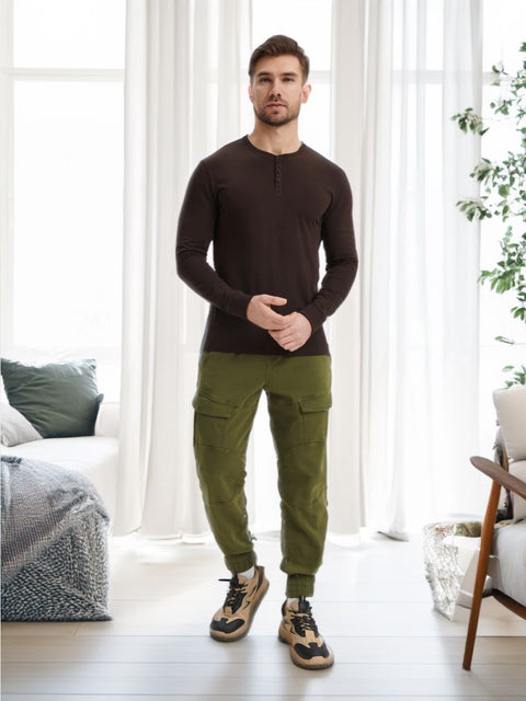 Sinsay Men's Dark Brown Long Sleeve Buttoned Neck Blouse |Sinsay In Lebanon