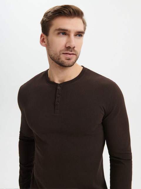 Sinsay Men's Dark Brown Long Sleeve Buttoned Neck Blouse |Sinsay In Lebanon