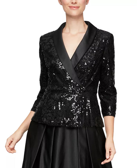 Alex Evenings Women's Black Satin Collar Sequin Blazer | Alex Evenings In Lebanon
