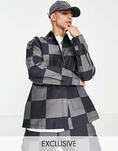 Collusion Men's Grey Checkerboard Oversized Jacket ANF3341