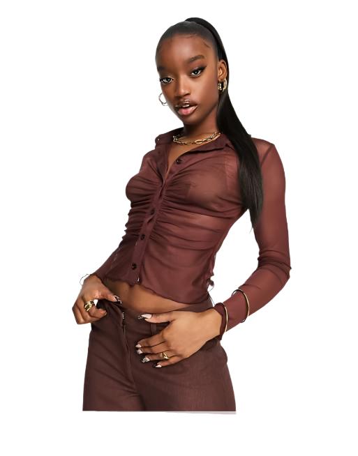 ASYOU Women's Brown Mesh Shirt ANF2585