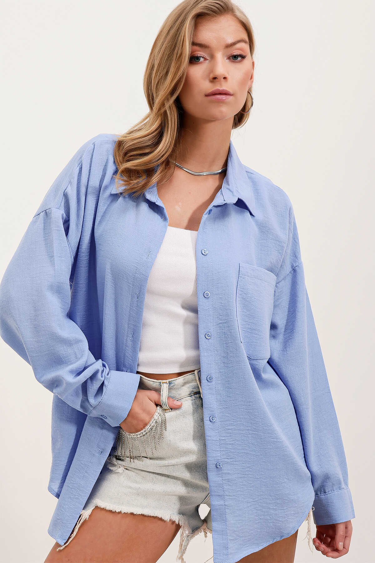 Big Dart Women's Blue Long Sleeve Single Pocket Oversize Linen Shirt | Big Dart In Lebanon