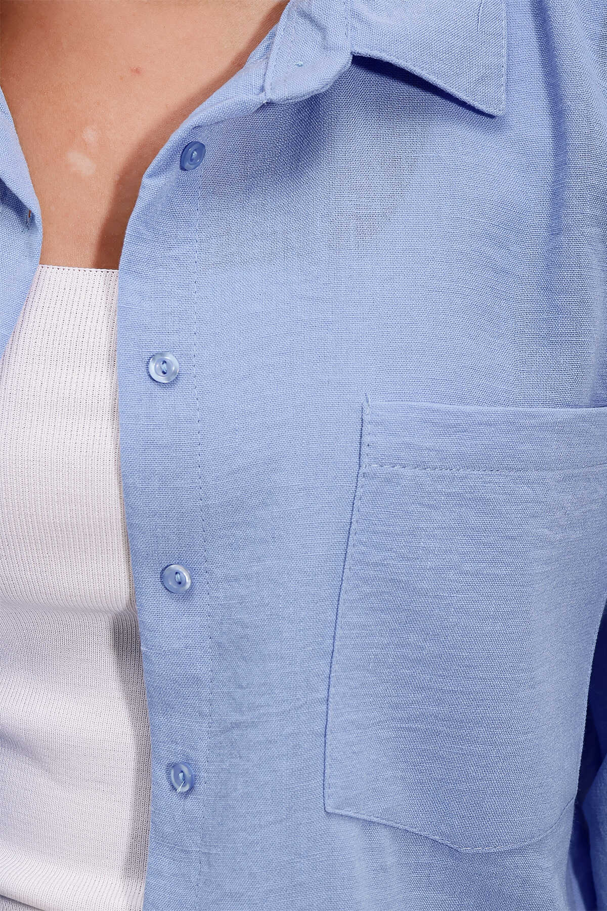 Big Dart Women's Blue Long Sleeve Single Pocket Oversize Linen Shirt | Big Dart In Lebanon