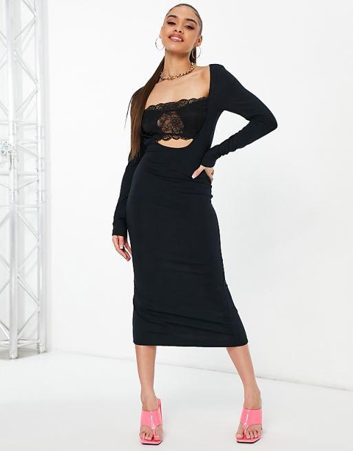 Asos Design Women's Black Bodycon Lace Bust Panel Dress ANF2714