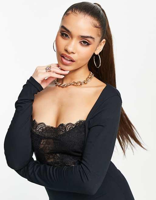 Asos Design Women's Black Bodycon Lace Bust Panel Dress ANF2714