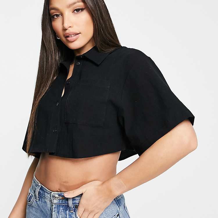 Topshop Women's  Black Crop Shirts ANF2617