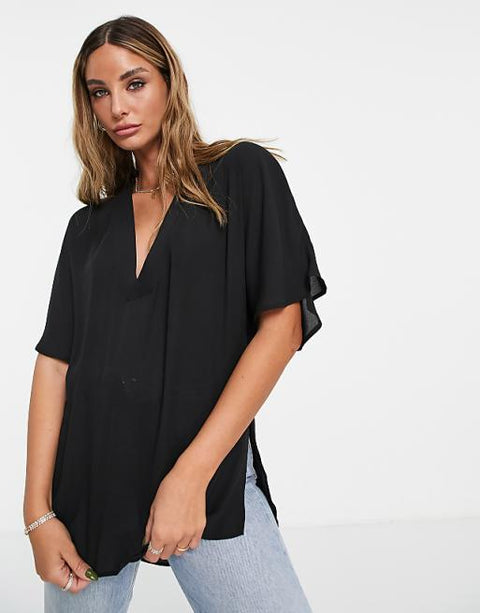 Asos Design Women's Black V-Neck Short-Sleeve T-Shirt ANF3013