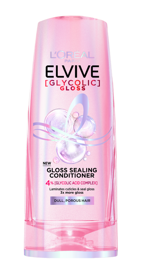 L'Oreal Elvive Glycolic Gloss conditioner bottle on a white background