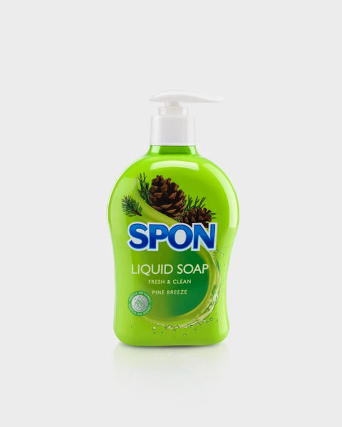 Green bottle of liquid soap with pump dispenser on a white background