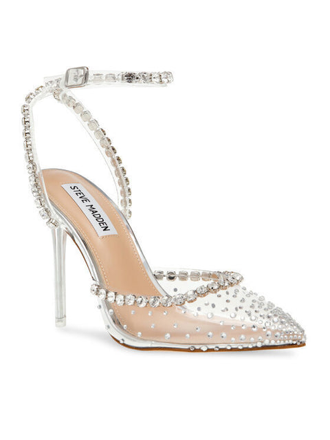 Clear high-heeled shoe with embellishments and 'Steve Madden' label on a white background