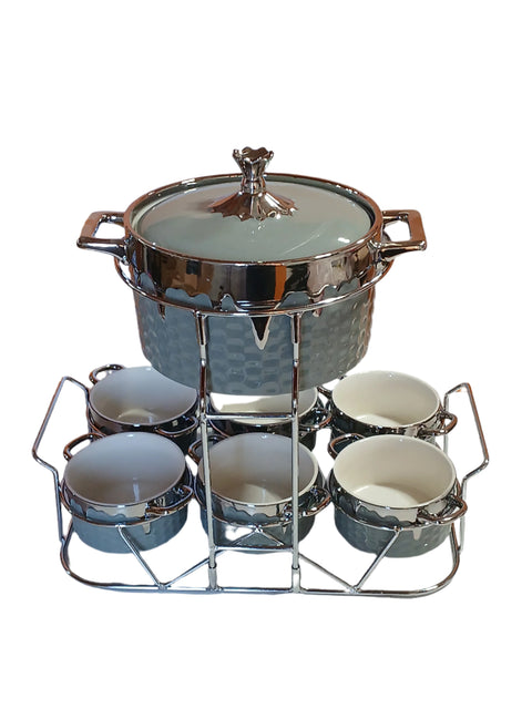 Al Sultan Grey & Silver Soup Pot Set 7pcs With Stand HD28-249 | Al Sultan In Lebanon