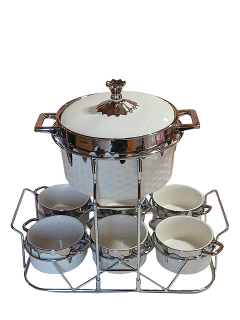Al Sultan White & Silver Soup Pot Set 7pcs With Stand HD28-248 | Al Sultan In Lebanon