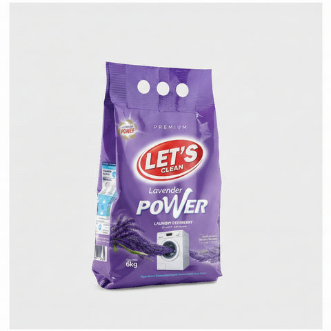 Purple bag of Let's Clean Lavender Power laundry detergent on a white background