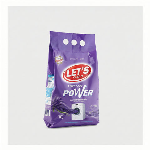 Purple bag of Let's Clean Lavender Power laundry detergent on a white background