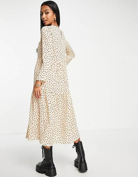 Asos Design Women's Nude Long Sleeve Tiered Smock Midi Dress ANF2780