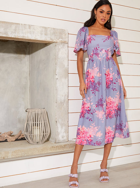 Chi Chi London Women's Purple Floral Printed Midi Dress | Chi Chi London In Lebanon