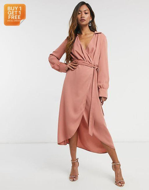Asos Design Women's Rose Collared Wrap Midi Dress ANF2865