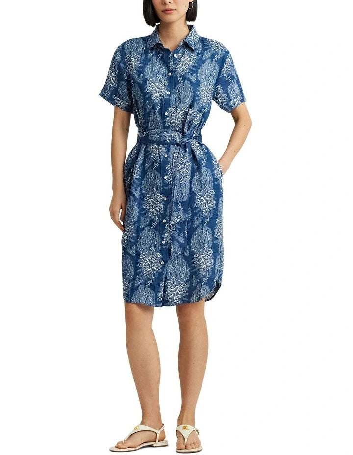 Lauren Ralph Lauren Women's Navy Blue Floral Belted Linen Shirtdress | Lauren Ralph Lauren In Lebanon