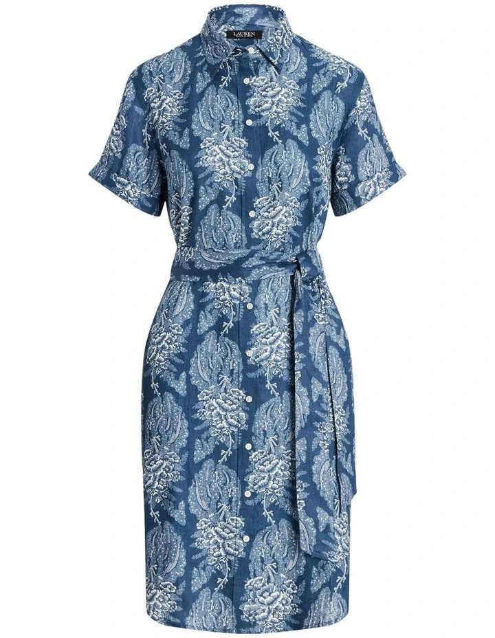 Lauren Ralph Lauren Women's Navy Blue Floral Belted Linen Shirtdress | Lauren Ralph Lauren In Lebanon