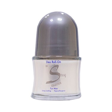 Deodorant roll-on bottle with gray cap and white body on a white background