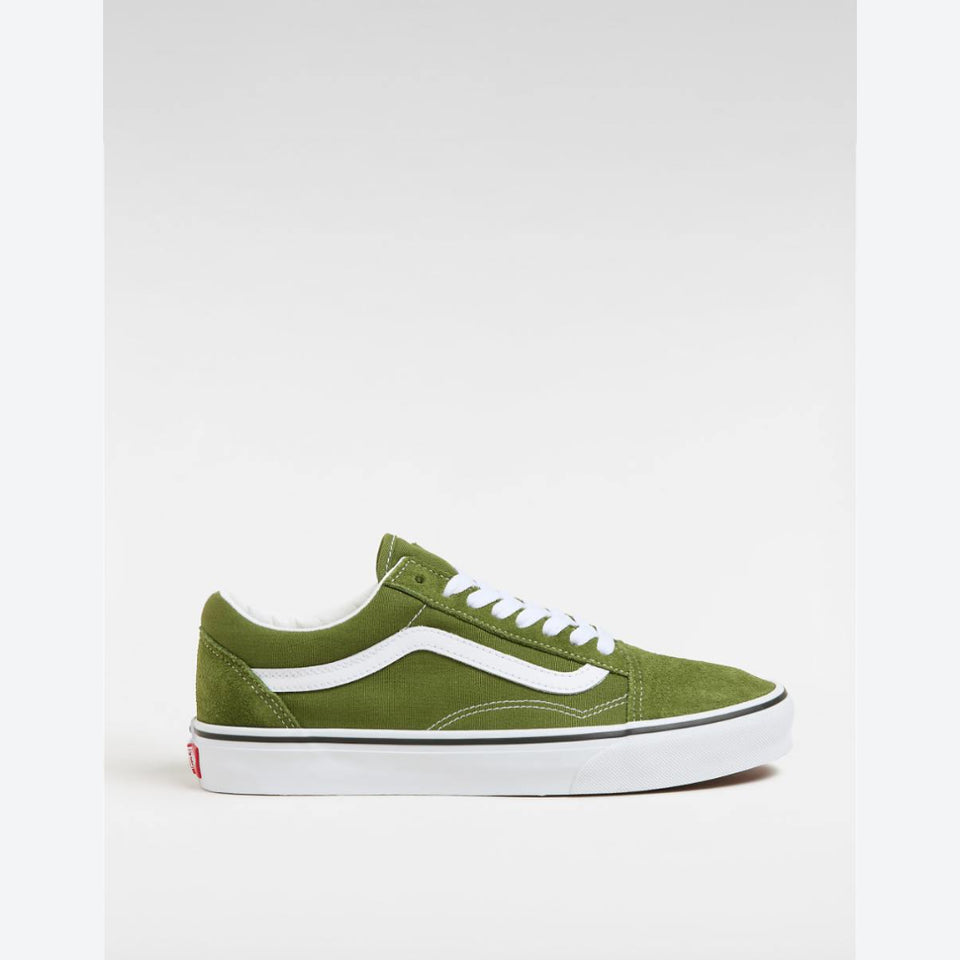 An olive green Vans Old Skool sneaker with white laces, a white side stripe, and a white rubber sole, shown in a side profile on a light gray background.
