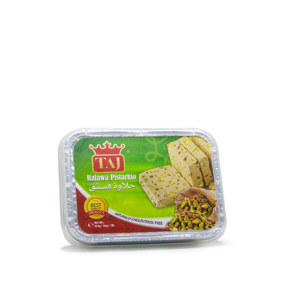 Packaging of Taj Halawa Pistachio, showing the product name and images of the pistachio-flavored snack, with green and red branding elements.