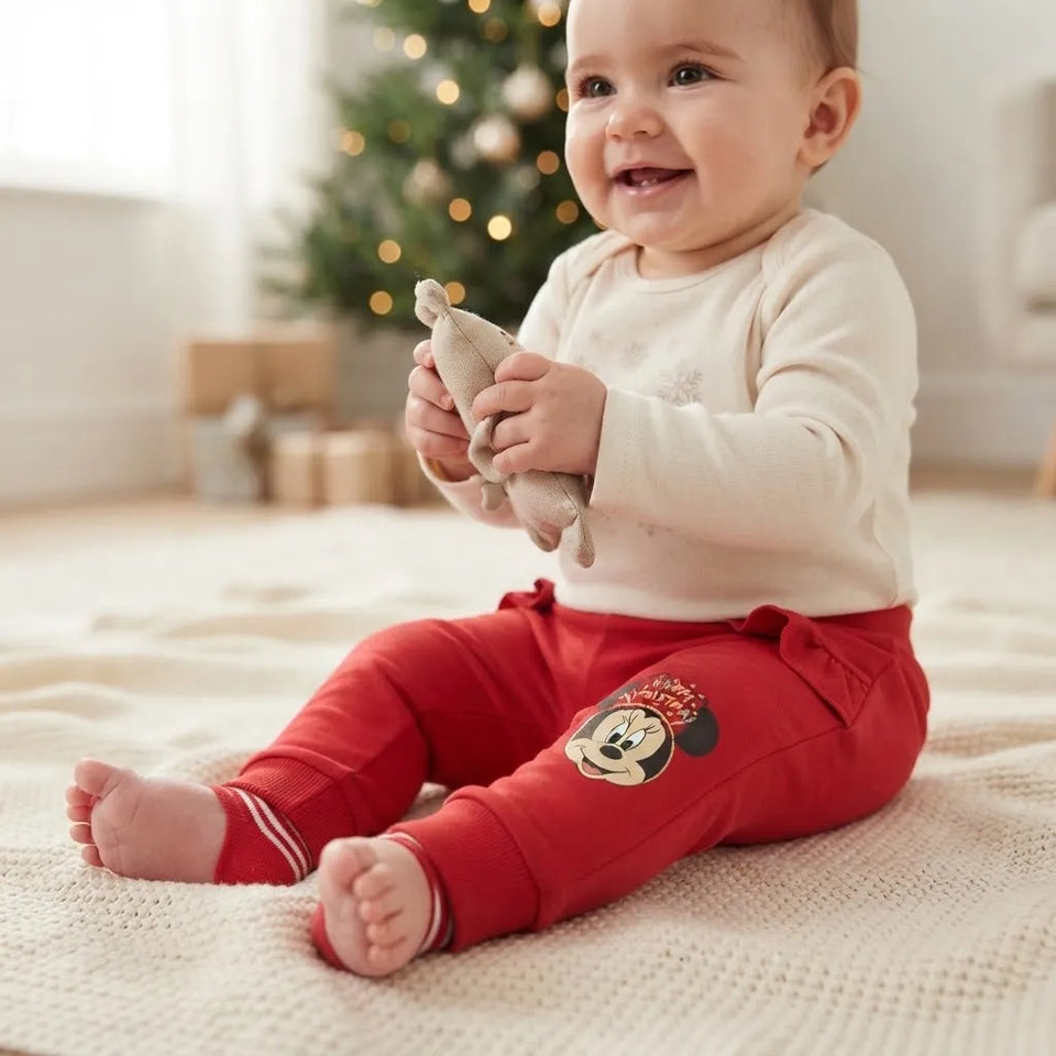 A baby sitting on a cream knit blanket in a cozy room, wearing red pants with a Mickey Mouse graphic and holding a plush toy. The background features a softly blurred Christmas tree with warm lights.