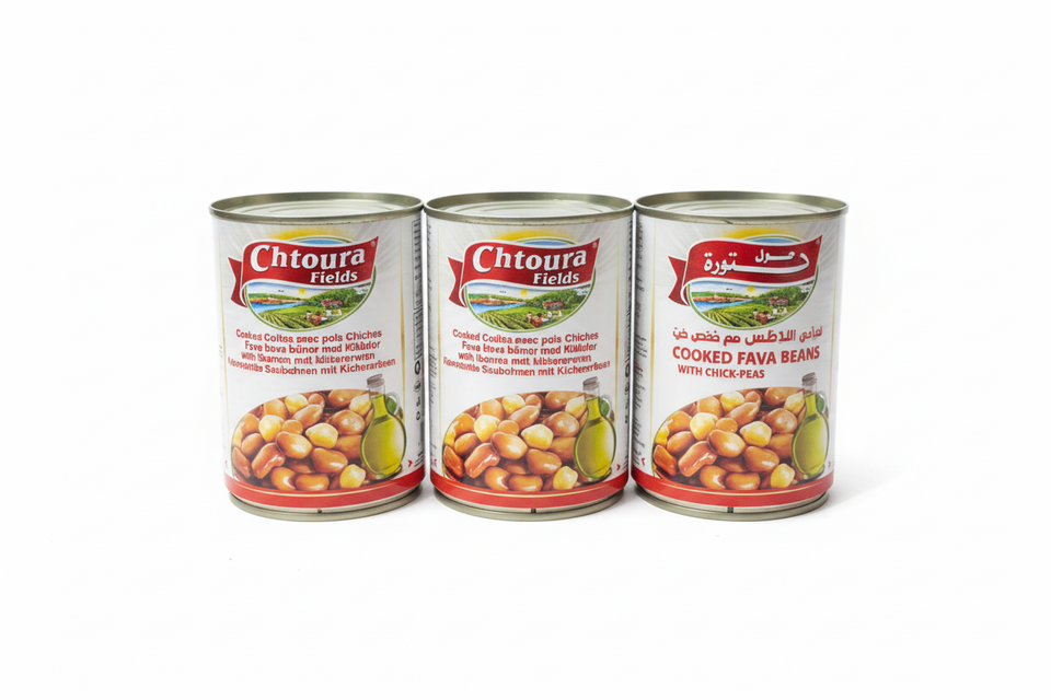 Three cans of Chtoura Fields Cooked Fava Beans with Chickpeas, 400g each, displayed against a colorful background.