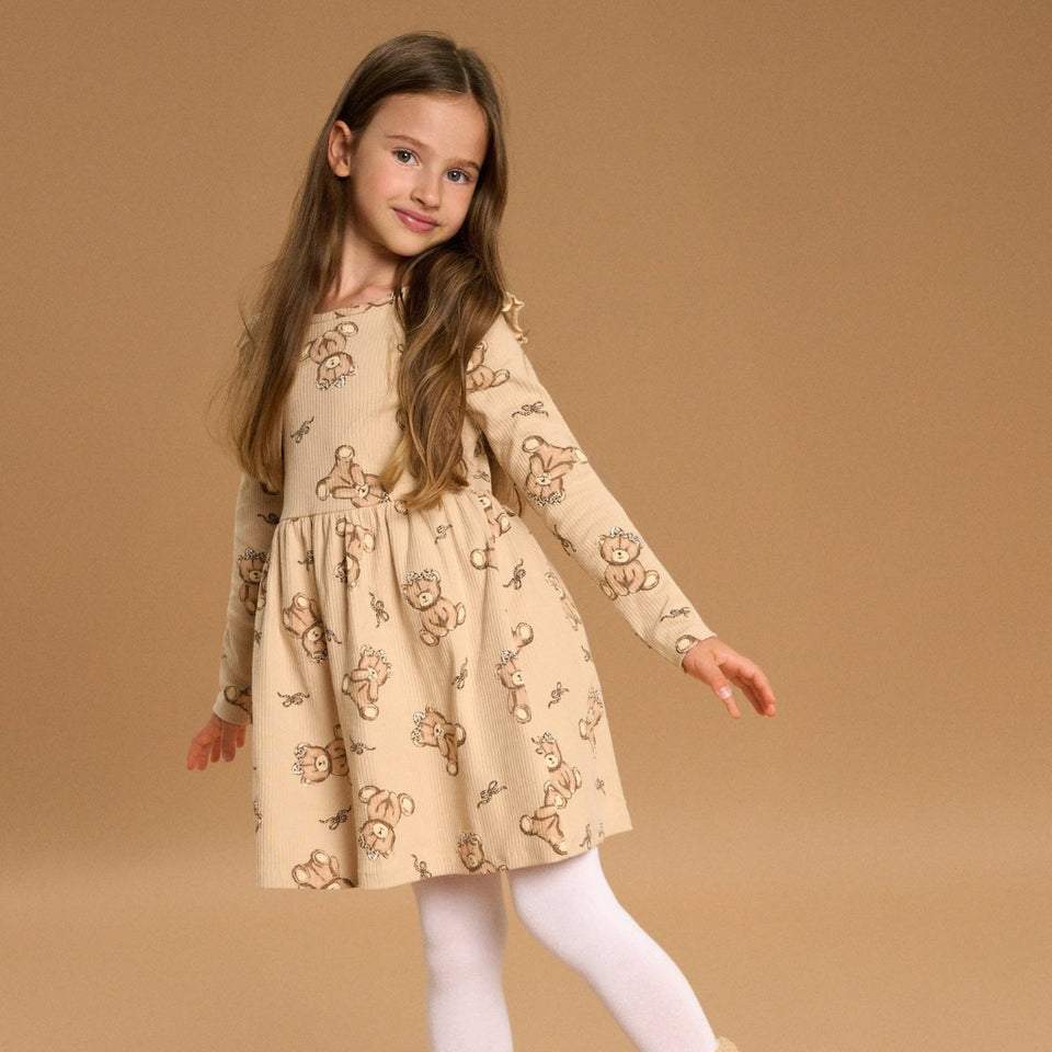 Sinsay Girl's Beige Long Sleeve All Over Teddy Bear Printed Dress
