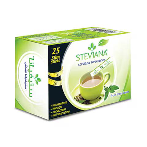 Steviana stevia sweetener packaging with a cup of tea on a white background
