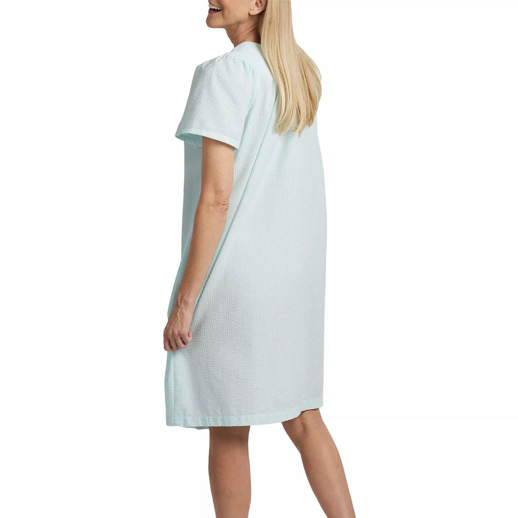 Miss Elaine Women's Light Blue Short-Sleeve Snap-Front Seersucker Robe Dress