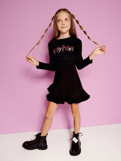 Reserved Girl's Black Harry Potter Printed Round Neck Long Sleeve Blouse | Reserved In Lebanon