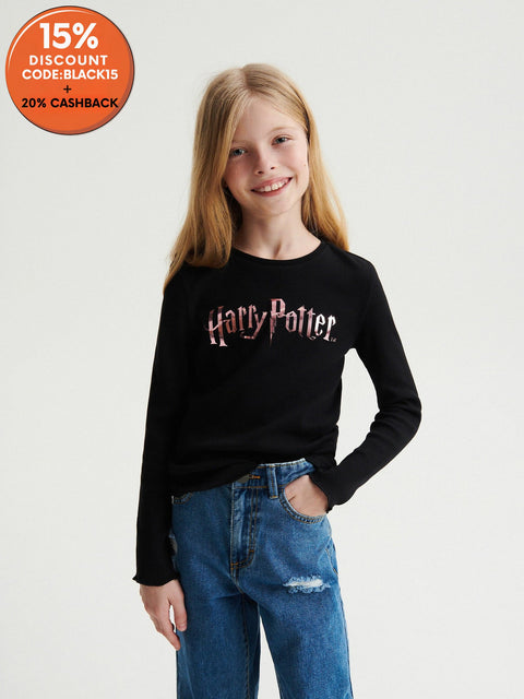 Reserved Girl's Black Harry Potter Printed Round Neck Long Sleeve Blouse | Reserved In Lebanon