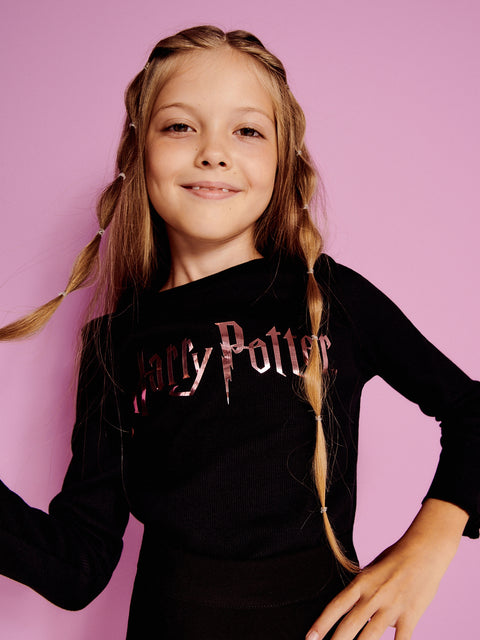 Reserved Girl's Black Harry Potter Printed Round Neck Long Sleeve Blouse | Reserved In Lebanon