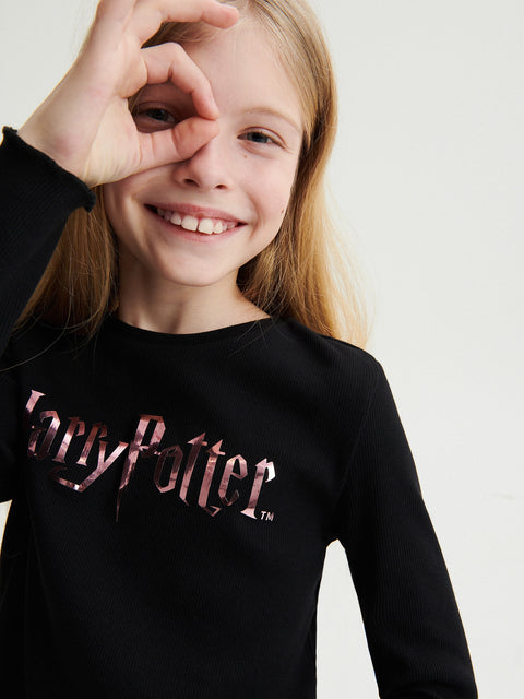 Reserved Girl's Black Harry Potter Printed Round Neck Long Sleeve Blouse | Reserved In Lebanon