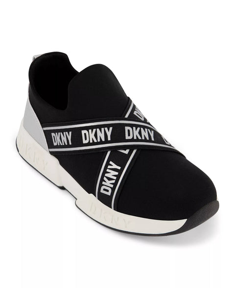 Black slip-on sneaker with DKNY branding on a white background