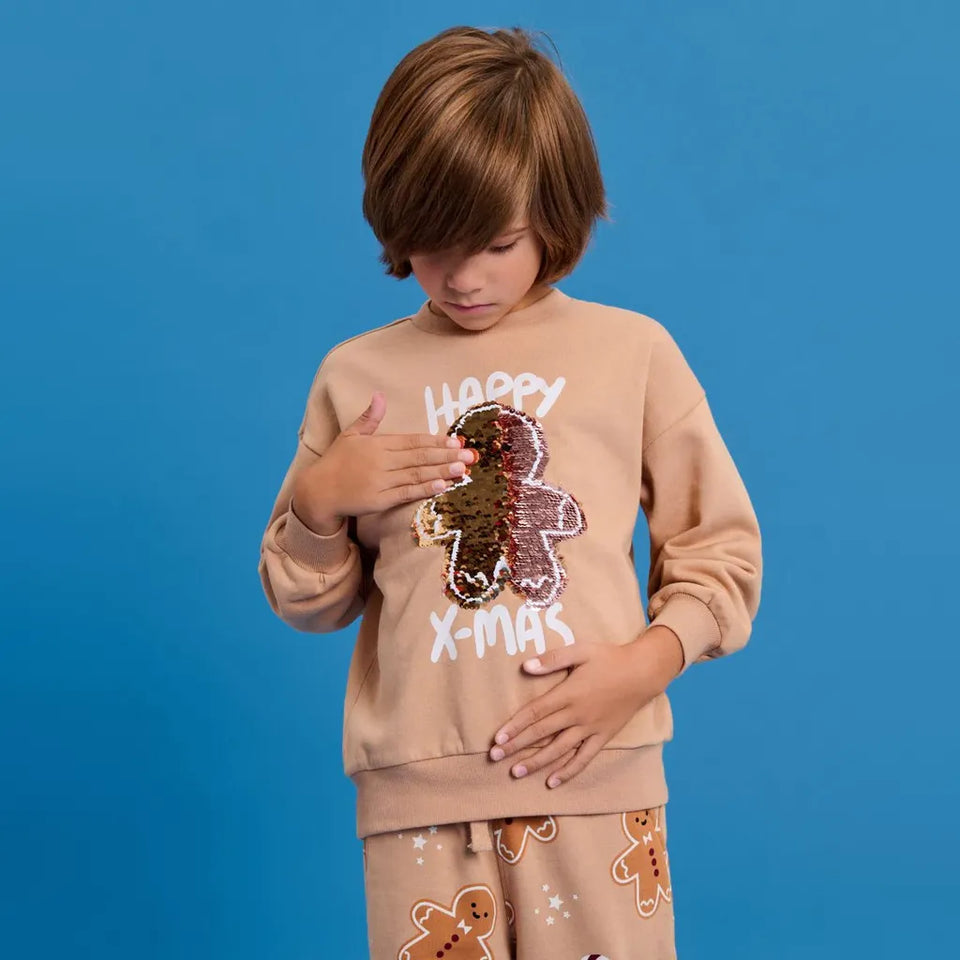 Sinsay Boy's Dark Beige Featuring A Sequin Gingerbread Man Sweatshirt