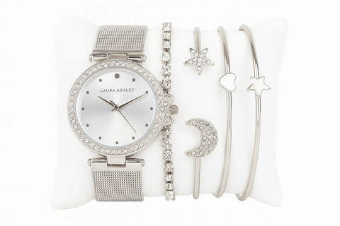 Laura Ashley Women's Silver 4 Pcs Bangle Stack With Mesh Watch | Laura Ashley In Lebanon