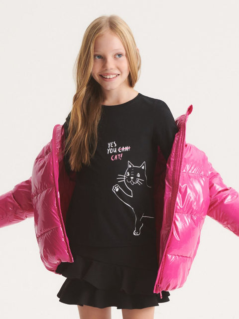 Reserved Girl's Black Cat Print Long Sleeve Blouse | Reserved In Lebanon