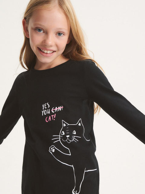 Reserved Girl's Black Cat Print Long Sleeve Blouse | Reserved In Lebanon