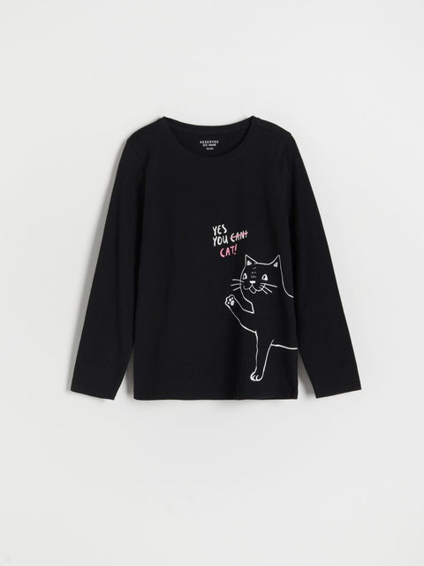 Reserved Girl's Black Cat Print Long Sleeve Blouse | Reserved In Lebanon