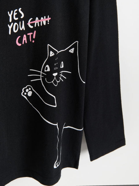 Reserved Girl's Black Cat Print Long Sleeve Blouse | Reserved In Lebanon