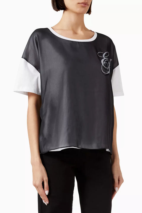 Emporio Armani Women's White /Black Logo Chiffon-layer  T-shirt | Emporio Armani in Lebanon