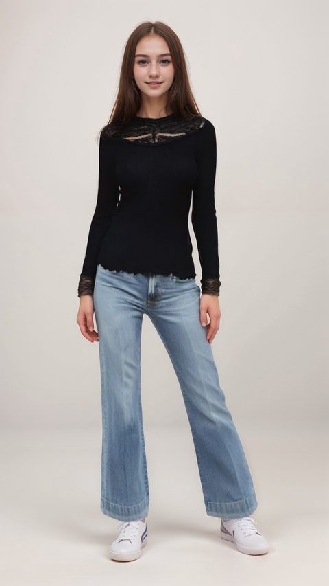 POMPdeLUX Girl's black Lace Mock Neck Long Sleeve Blouse | POMPdeLUX in Lebanon
