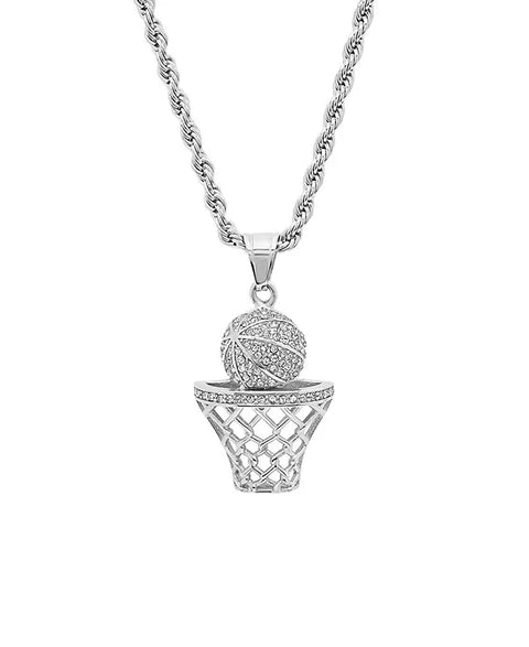 Steeltime Men's Silver Stainless Steel Simulated Diamond Basketball and Hoop Pendant | Steeltime In Lebanon