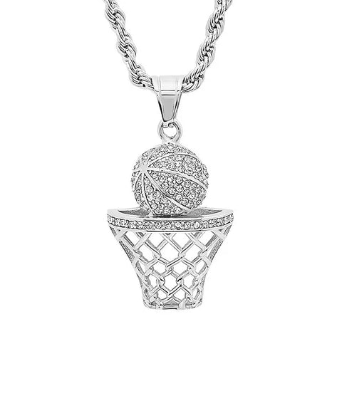 Steeltime Men's Silver Stainless Steel Simulated Diamond Basketball and Hoop Pendant | Steeltime In Lebanon