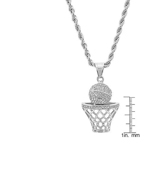 Steeltime Men's Silver Stainless Steel Simulated Diamond Basketball and Hoop Pendant | Steeltime In Lebanon