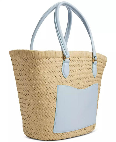 Woven straw bag with light blue accents on a white background